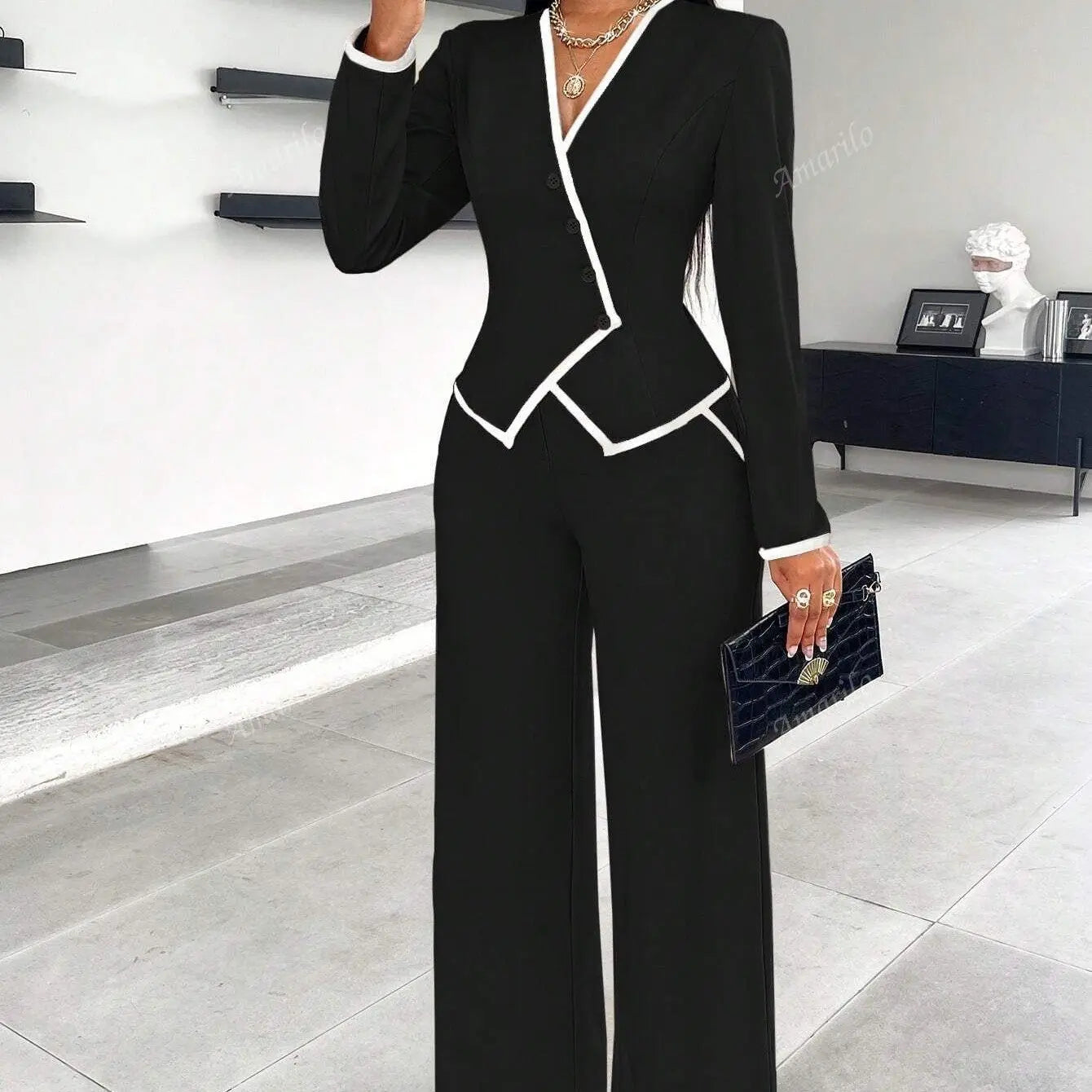 Single-breasted Contrast Color Trim Suit Pants Suit null
