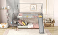 Twin over twin house bunk bed with slide, storage stairs, and safety rails in a child's bedroom.