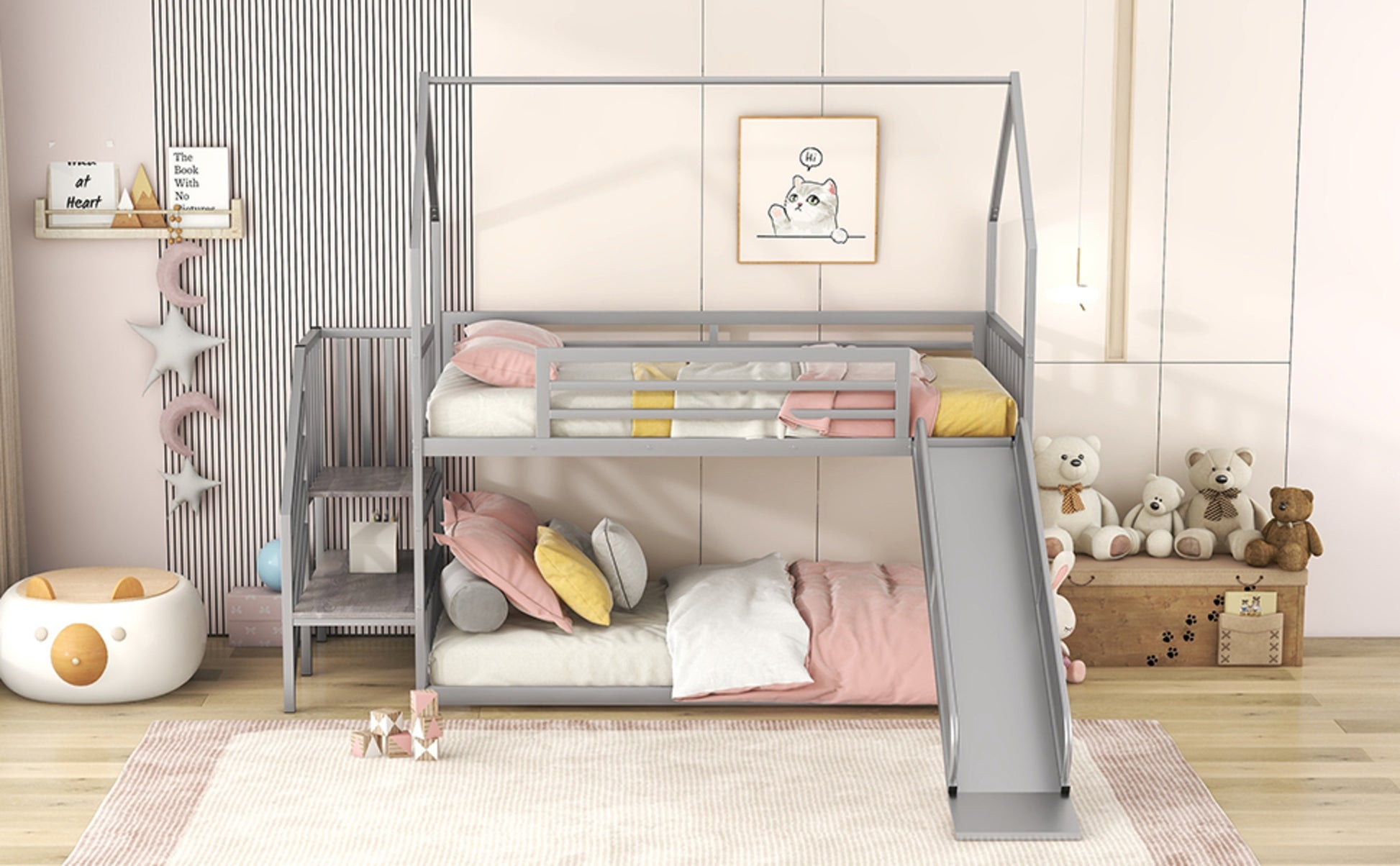 Twin over twin house bunk bed with slide, storage stairs, and safety rails in a child's bedroom.