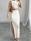Knitted Sweater Round Neck Vest And Split Skirt Two-piece Set null