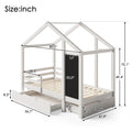 Twin house bed with built-in chalkboard, featuring a cozy wooden frame and playful design for kids' bedroom decor.