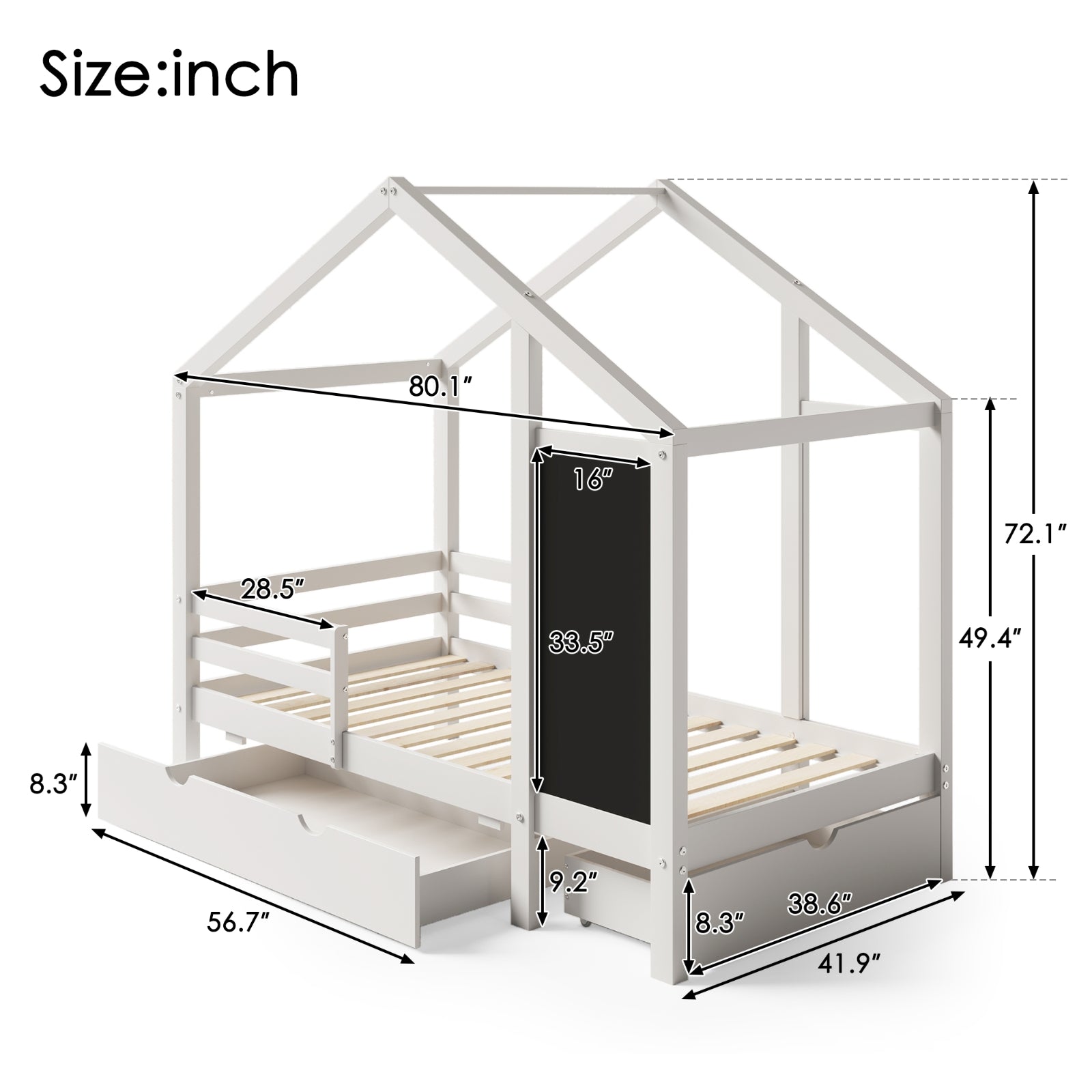 Twin house bed with built-in chalkboard, featuring a cozy wooden frame and playful design for kids' bedroom decor.
