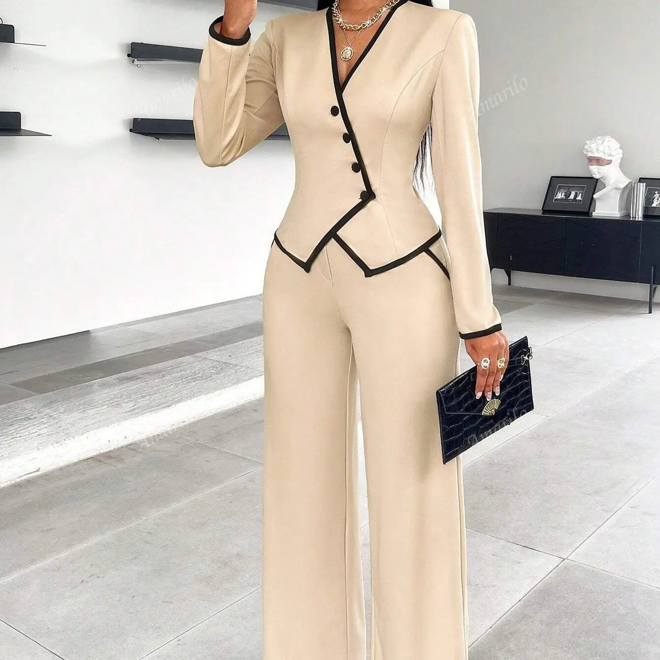 Single-breasted Contrast Color Trim Suit Pants Suit null