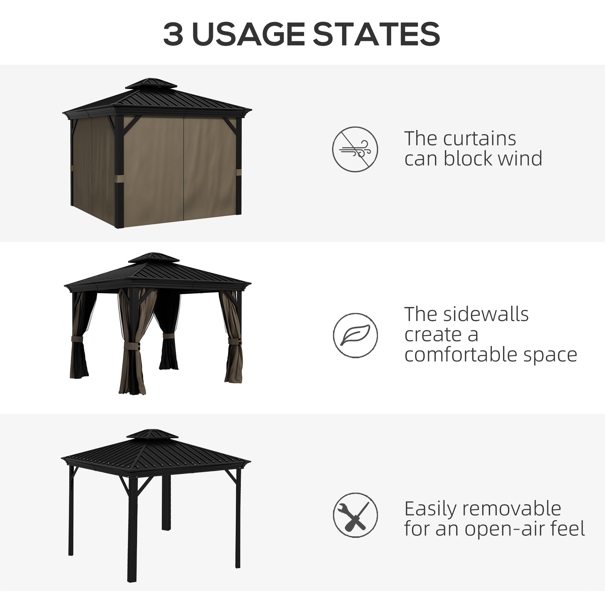 10' x 10' Hardtop Gazebo, Pavilion Gazebo with Curtains, Nettings, Aluminum Frame, Hooks, for Garden, Patio, Dark Brown - Morderncharm store