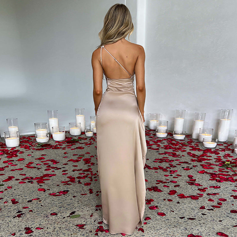 Sexy One-shoulder Backless Slit Dress Summer Elegant Slim-fit Solid Color Satin Dresses For Women null