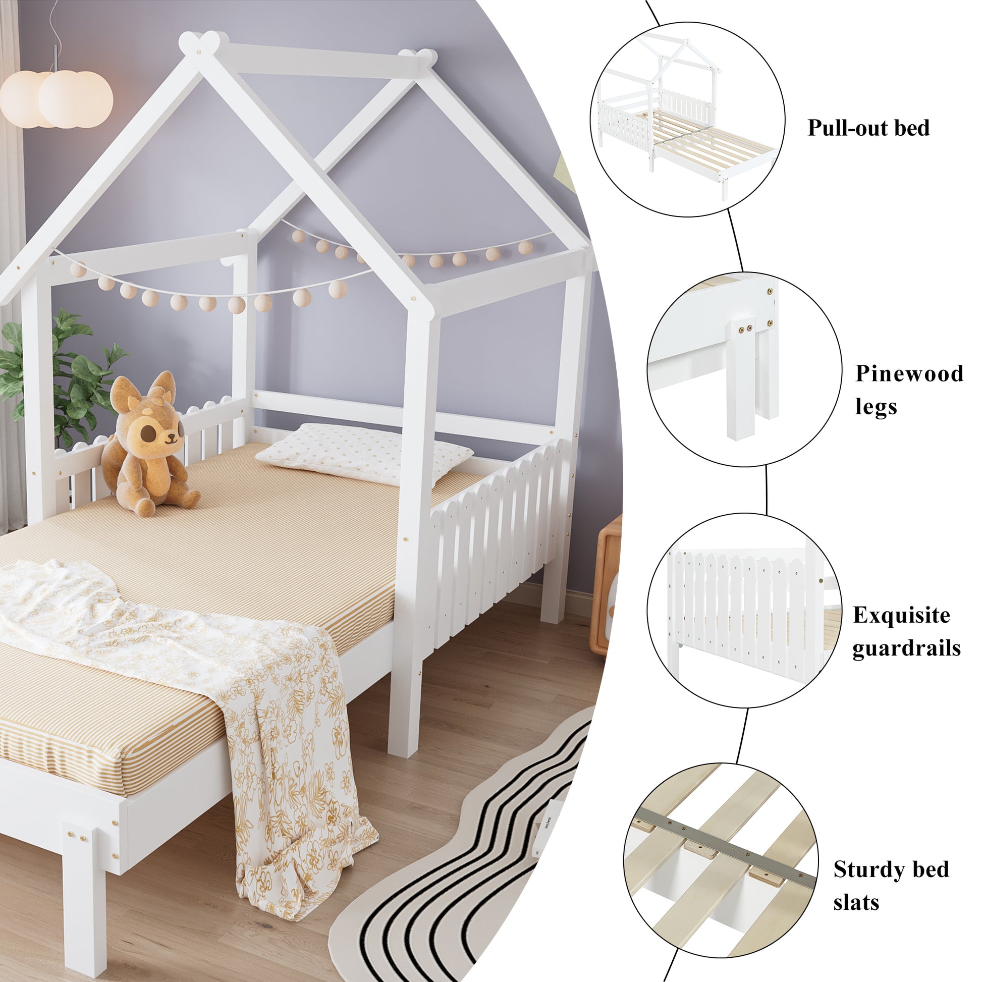 Wooden Bed, Pull Out Bed, 3ft Single Bed 90x190cm, Exquisite Safety Guardrails, Aesthetic Roof Design,  Pine MDF Plywood, White - Morderncharm store