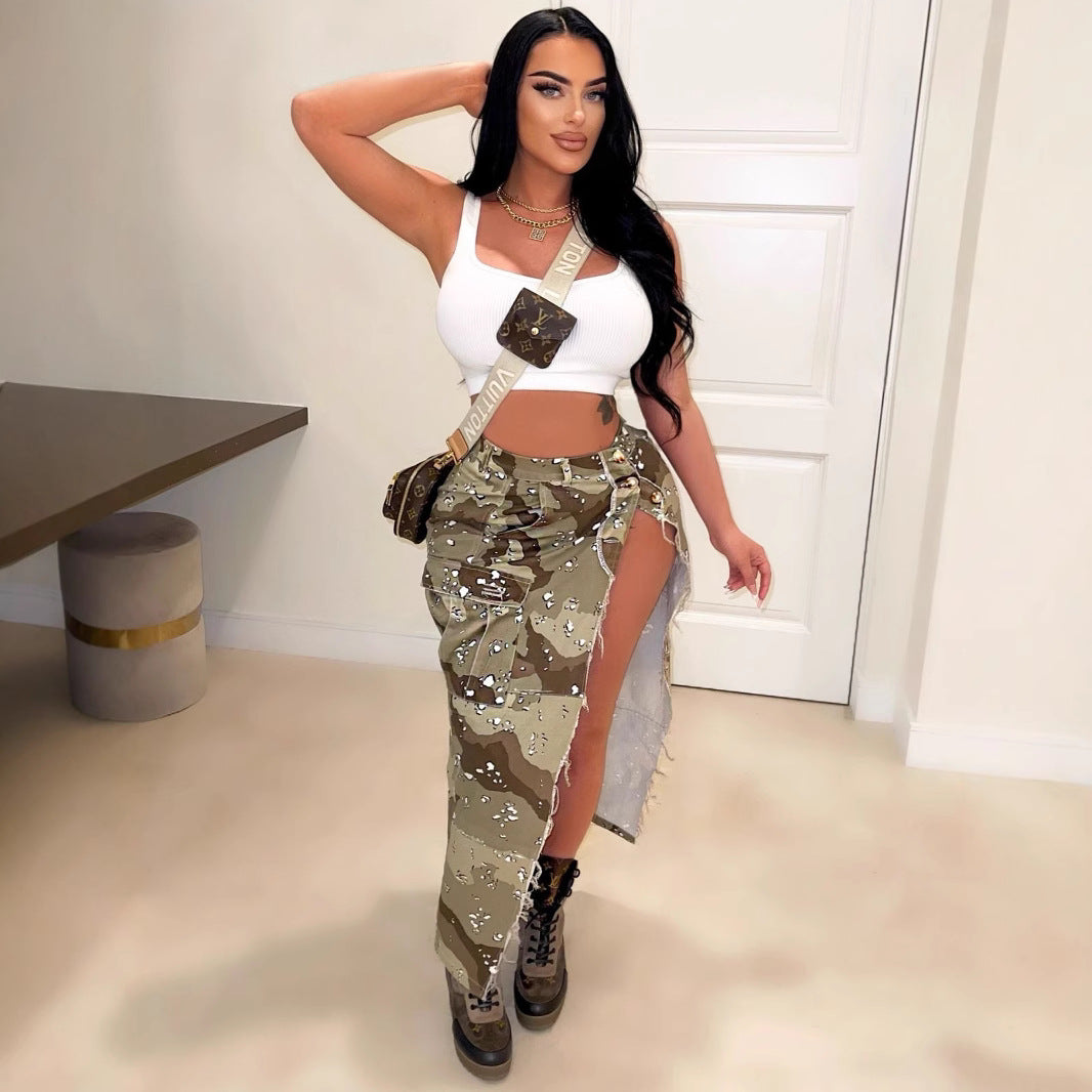 Women's Fashion Personalized Camouflage Wash Pocket Slit Tassel Skirt null