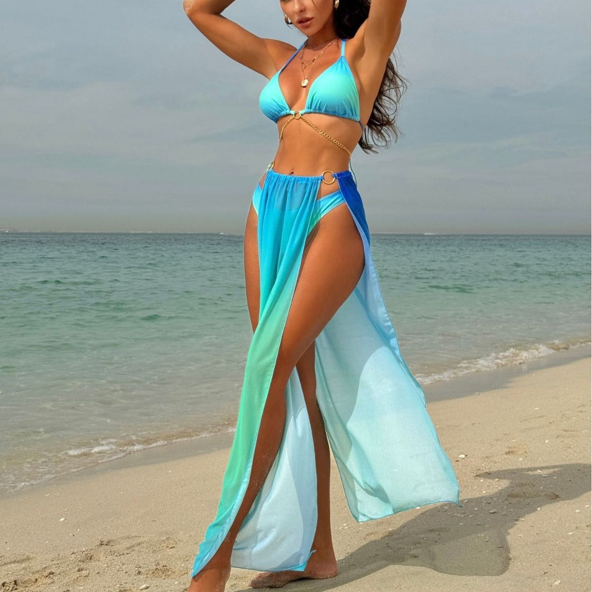 Women's Drawstring Banded Bikini Three-piece Swimsuit null