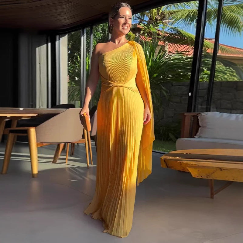 Fashion Diagonal Collar Raglan Sleeve Cinched Waist Slim-fit Long Dress null