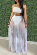Fashion Women Mesh Pleated Skirt Three-piece Dress null