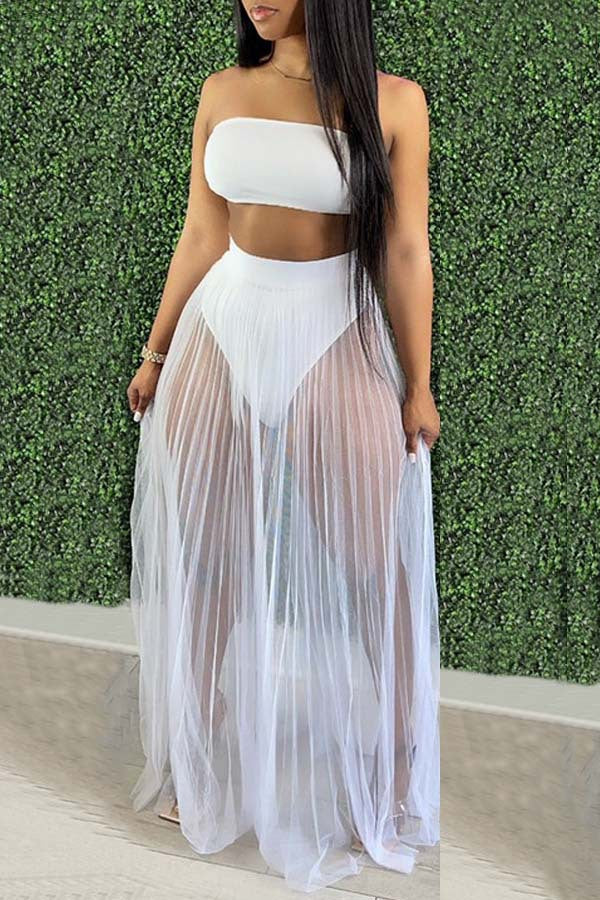 Fashion Women Mesh Pleated Skirt Three-piece Dress null