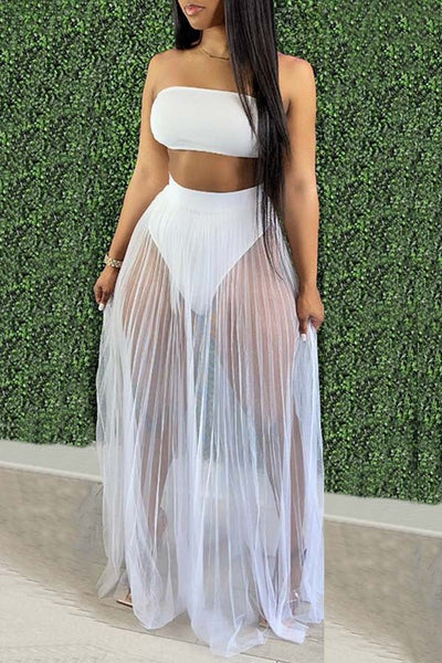 Fashion Women Mesh Pleated Skirt Three-piece Dress null