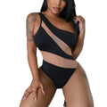 Female Color Blocked Single Shoulder Mesh One-piece Swimsuit null
