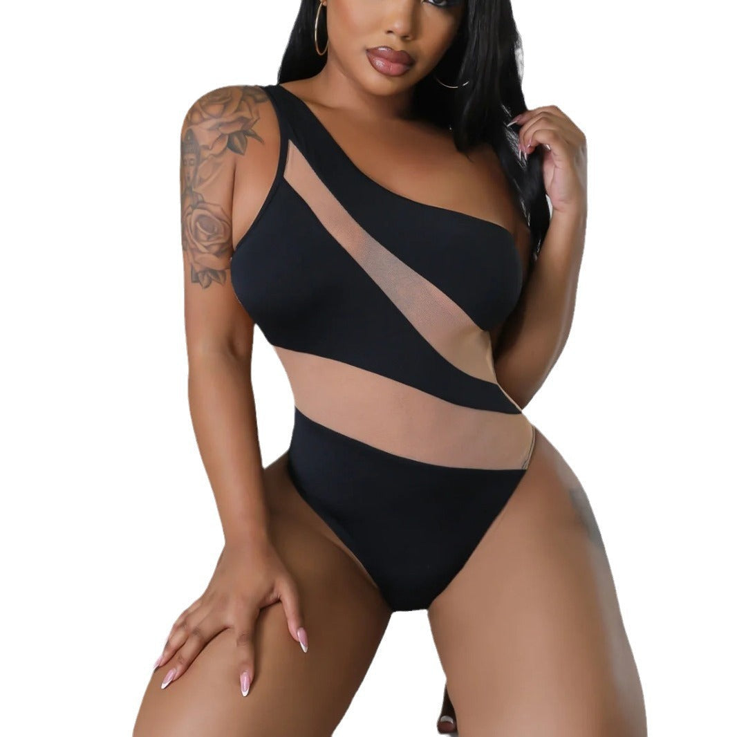 Female Color Blocked Single Shoulder Mesh One-piece Swimsuit null