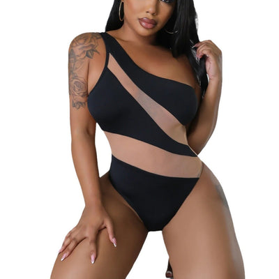 Female Color Blocked Single Shoulder Mesh One-piece Swimsuit null