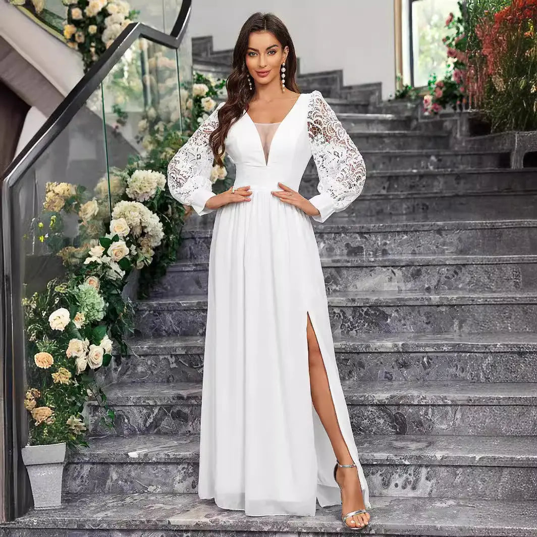 Elegant white V-neck long sleeve slit dress for women