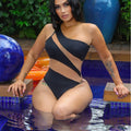 Female Color Blocked Single Shoulder Mesh One-piece Swimsuit null