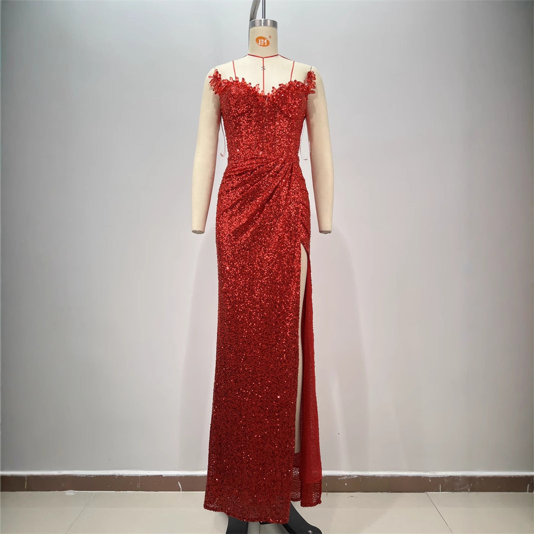 Drop-shaped Diamond Sexy Low-cut High Sitt Red Paillette Tube Coat And Dress null