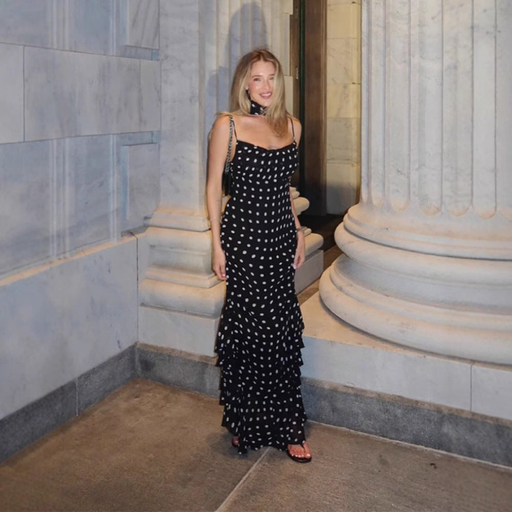 Women's High-grade Sleeveless Polka Dot Scarf Collar Ruffled Spaghetti Straps Dress null