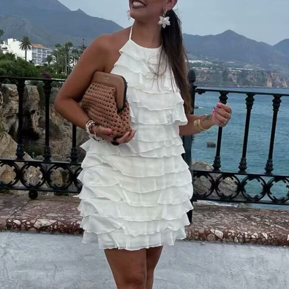 European And American Women's Summer Casual Laminated Decoration Sleeveless Hanging Collar Dress null