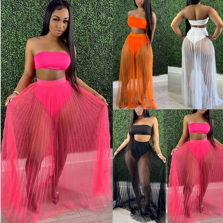 Fashion women mesh pleated skirt three-piece dress in black, featuring a solid color design with matching bra and shorts, suitable for a variety of sizes from S to XXL.