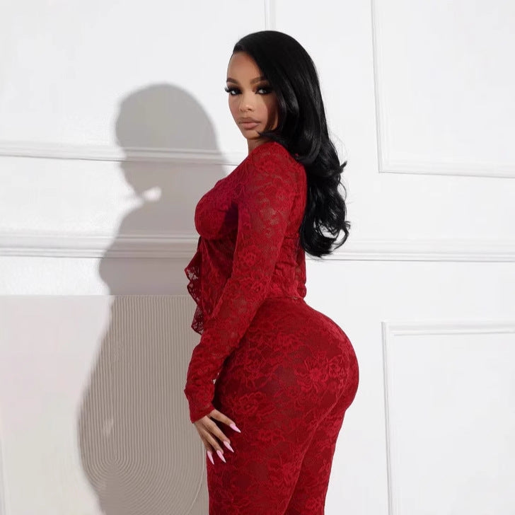 Women's Sexy Lacing Hollow Cardigan Long Sleeve Pants Two-piece Suit null