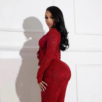 Women's Sexy Lacing Hollow Cardigan Long Sleeve Pants Two-piece Suit null