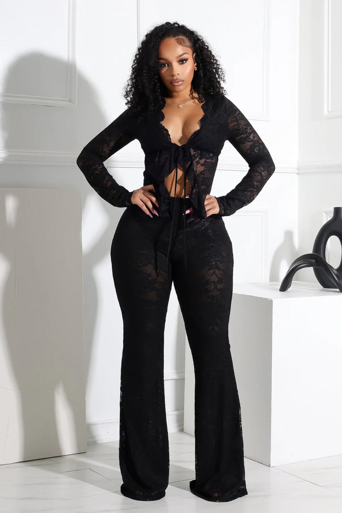 Women's Sexy Lacing Hollow Cardigan Long Sleeve Pants Two-piece Suit null