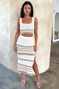 Summer New Sleeveless Vest Sexy Slit Striped Skirt Knitting Suit null