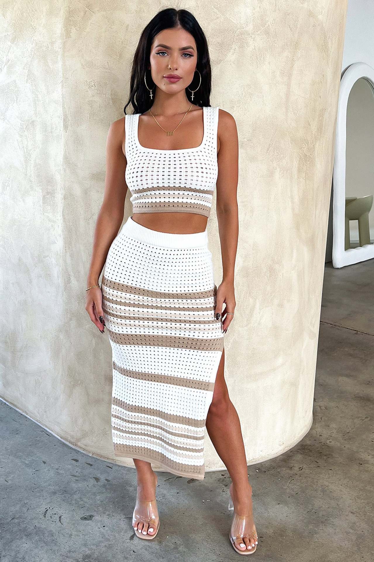 Summer New Sleeveless Vest Sexy Slit Striped Skirt Knitting Suit null