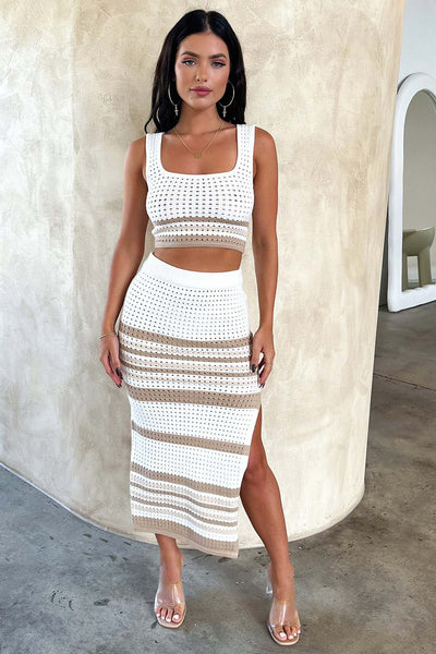 Summer New Sleeveless Vest Sexy Slit Striped Skirt Knitting Suit null