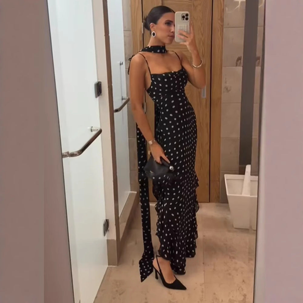 Women's High-grade Sleeveless Polka Dot Scarf Collar Ruffled Spaghetti Straps Dress null