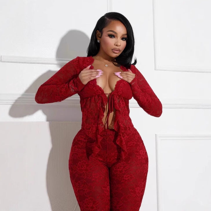 Women's sexy lacing hollow cardigan long sleeve pants two-piece suit in red with floral pattern.