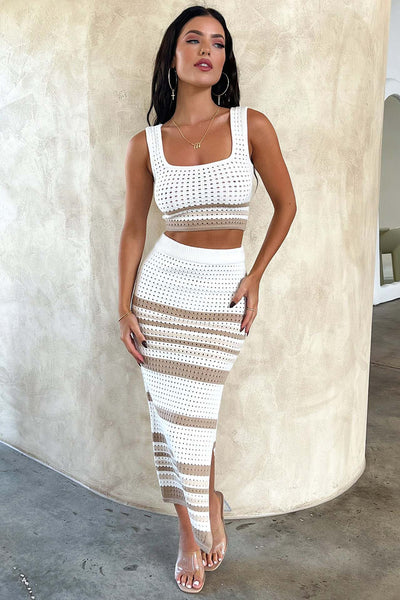 Summer New Sleeveless Vest Sexy Slit Striped Skirt Knitting Suit null