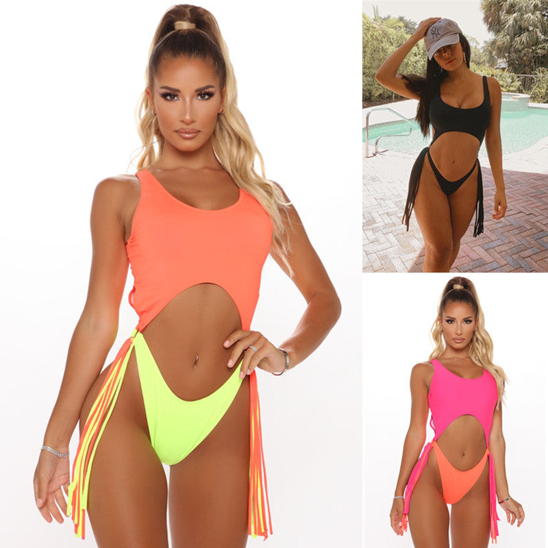 Gathered Waist Polyester Tassel Bikini null