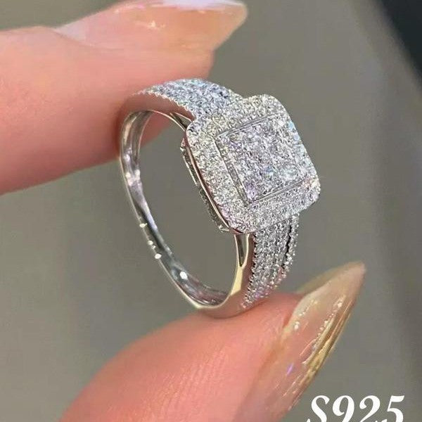 925 Sterling Silver Luxury Rhinestone Square Ring null