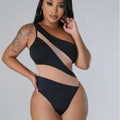 Female Color Blocked Single Shoulder Mesh One-piece Swimsuit null