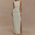 Backless summer round neck dress in milky white, sleeveless long skirt.