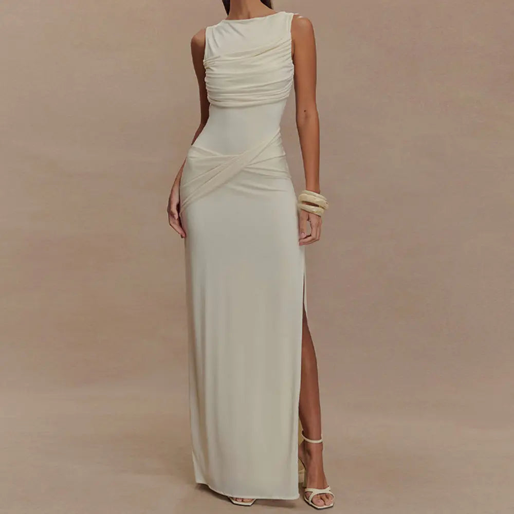 Backless summer round neck dress in milky white, sleeveless long skirt.