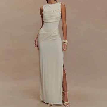 Backless summer round neck dress in milky white, sleeveless long skirt.