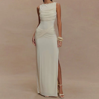 Backless summer round neck dress in milky white, sleeveless long skirt.