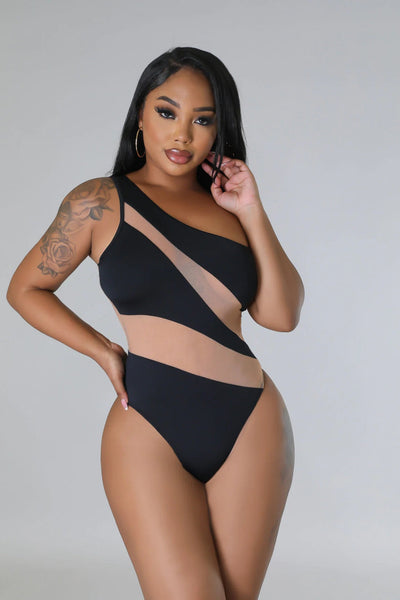 Female Color Blocked Single Shoulder Mesh One-piece Swimsuit null