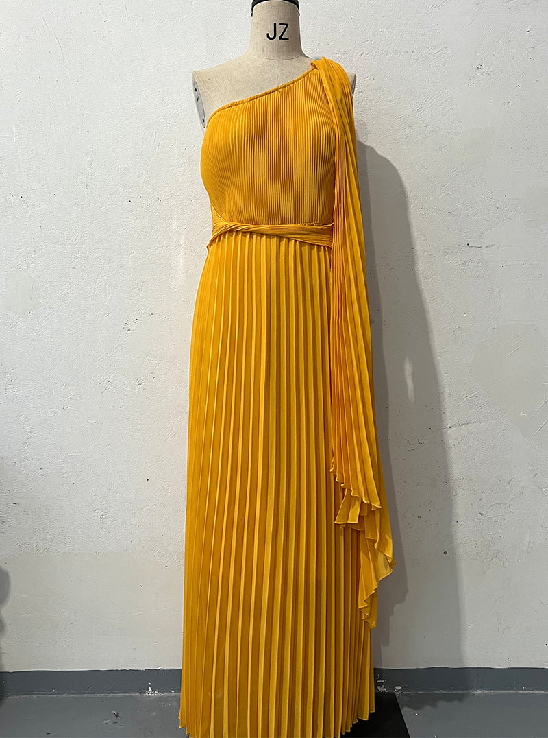 Fashion Diagonal Collar Raglan Sleeve Cinched Waist Slim-fit Long Dress null