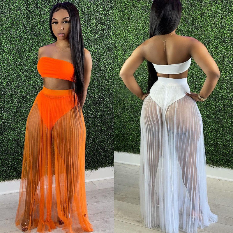 Fashion Women Mesh Pleated Skirt Three-piece Dress null