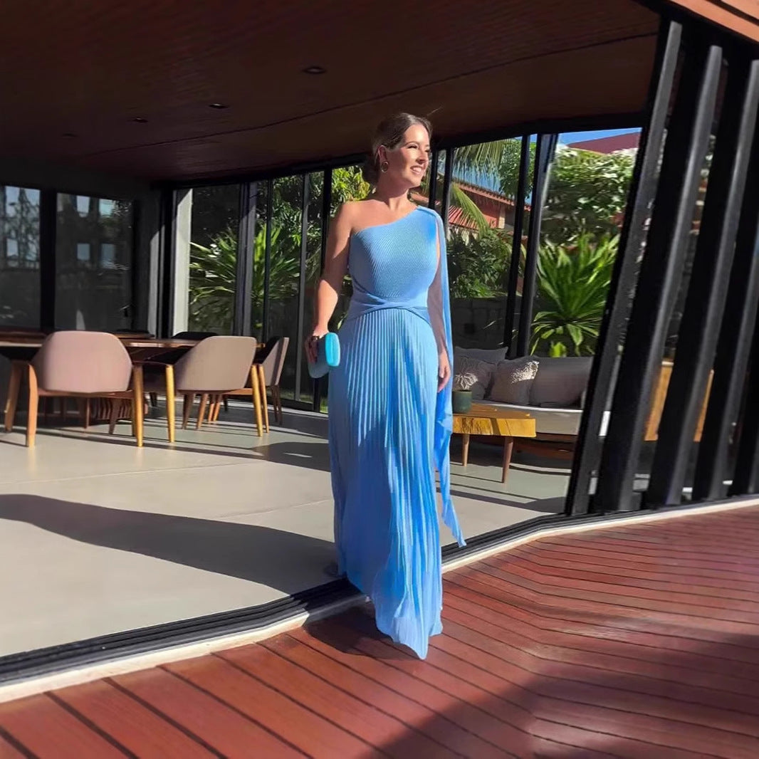 Fashion Diagonal Collar Raglan Sleeve Cinched Waist Slim-fit Long Dress null