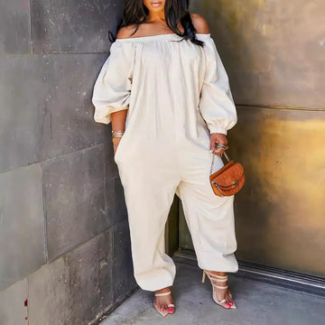Linen European and American women's clothing jumpsuit in apricot, off-shoulder style, full-length trousers.