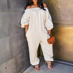 Linen European and American women's clothing jumpsuit in apricot, off-shoulder style, full-length trousers.
