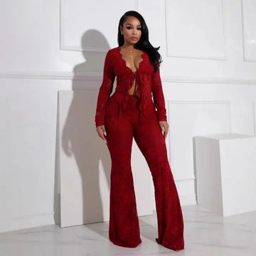 Women's sexy lacing hollow cardigan long sleeve pants two-piece suit in red with floral pattern.