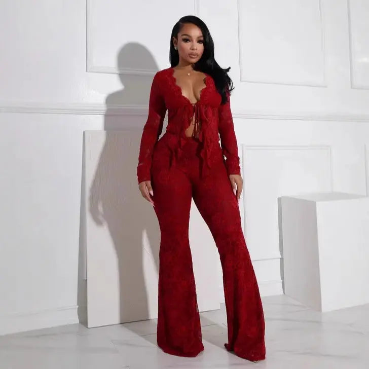 Women's sexy lacing hollow cardigan long sleeve pants two-piece suit in red with floral pattern.