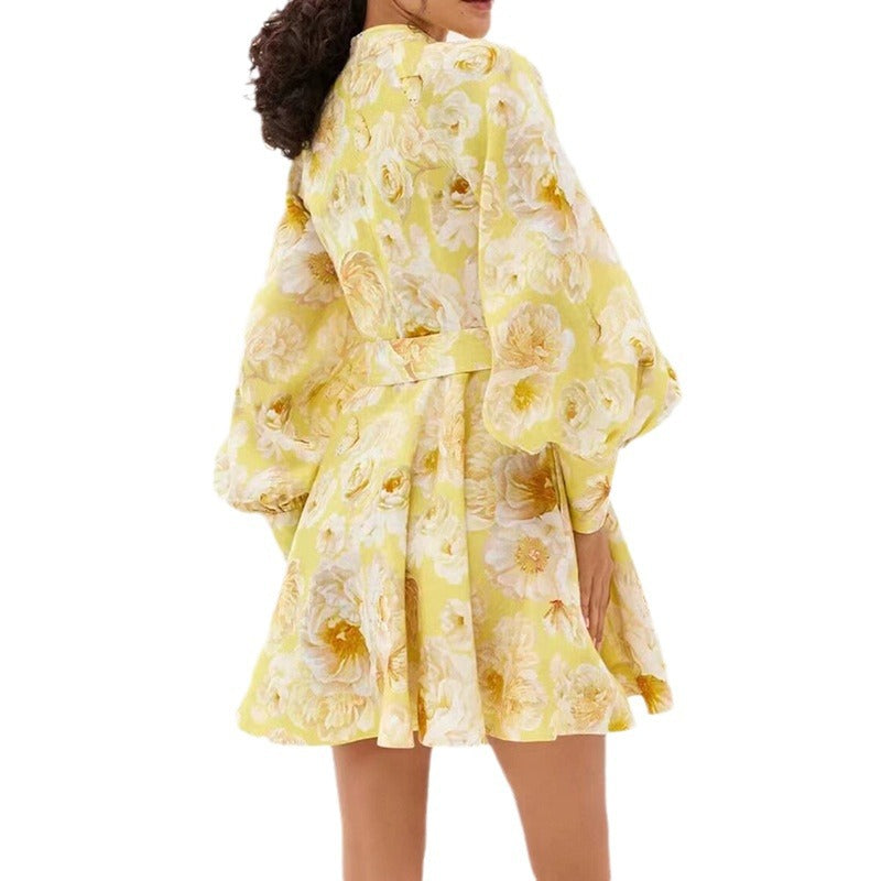 Belt Lantern Sleeve Holiday Swing Dress null